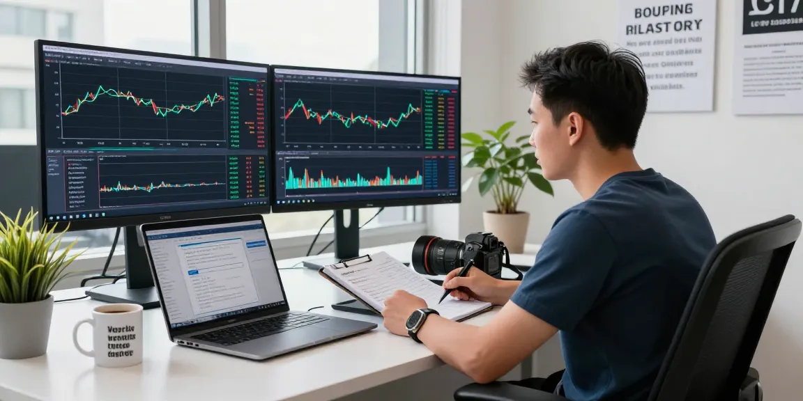 Trader analyzing MetaTrader 5 charts in a modern office workspace with motivational decor.