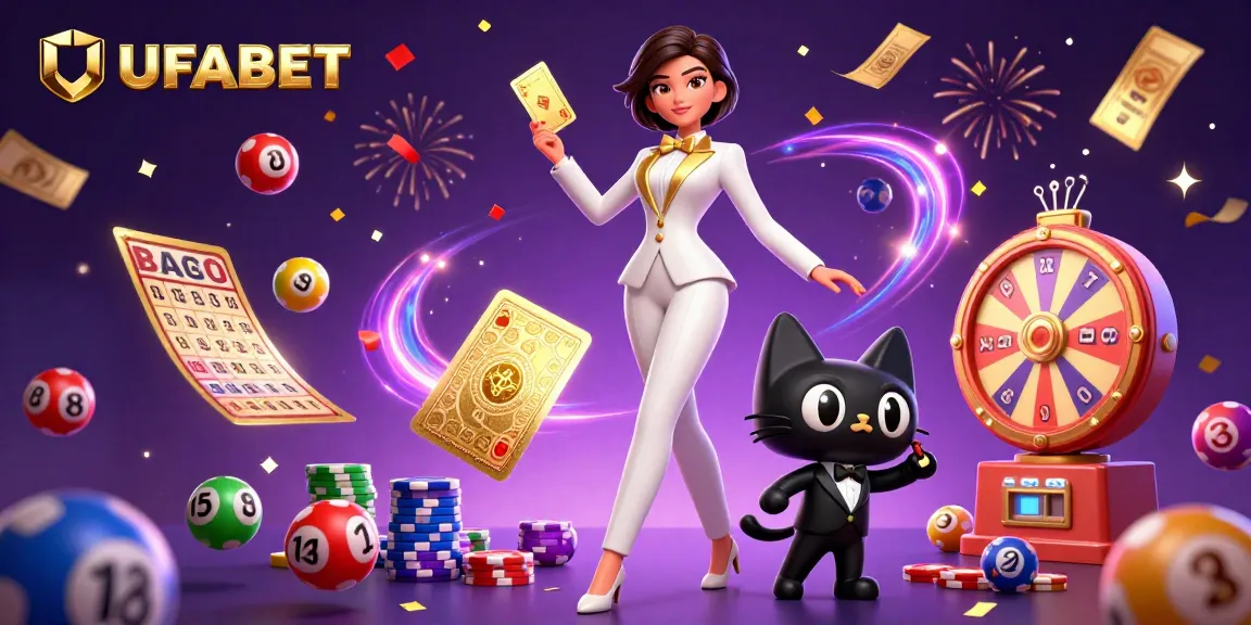 Engage in exciting games at UFABET with a glamorous dealer shuffling cards in a vibrant casino scene.