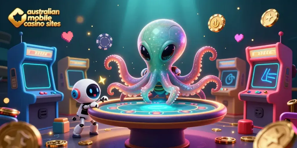Experience australian mobile casino sites with a cosmic octopus running a holographic poker game.