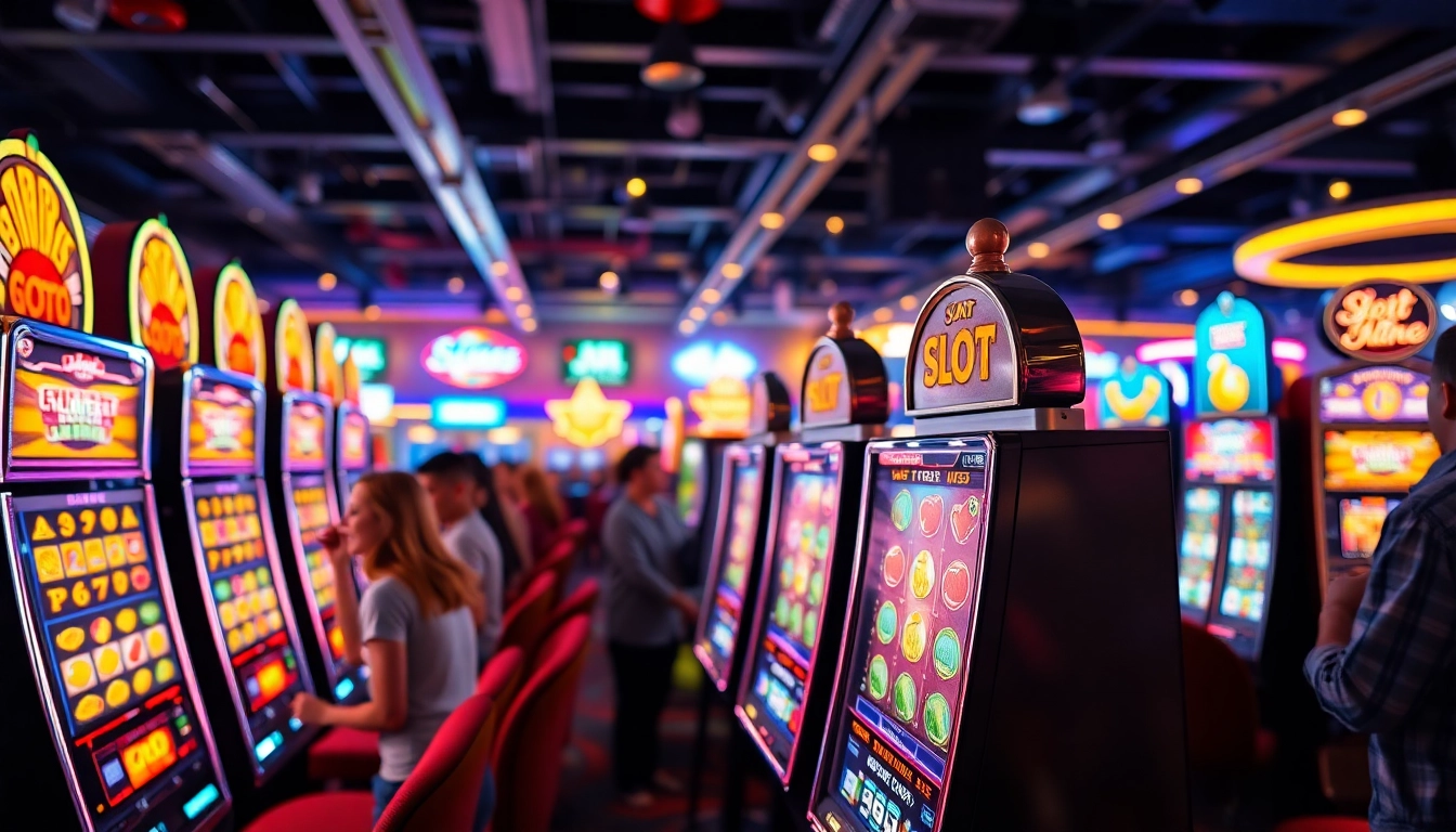 Permainan slot pulsa yang menarik dengan pemain bersemangat di latar belakang