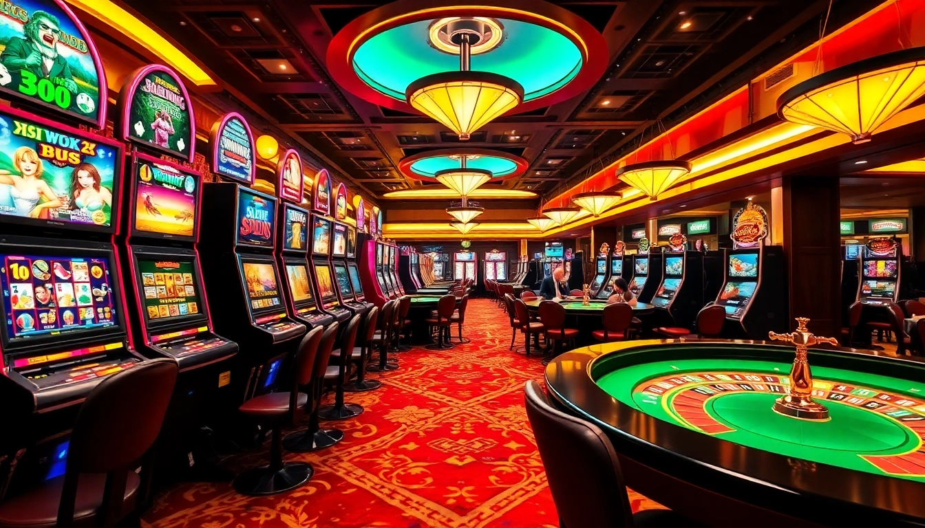 Rasakan sensasi slot deposit pulsa tanpa potongan di kasino mewah yang dipenuhi mesin slot berwarna-warni.