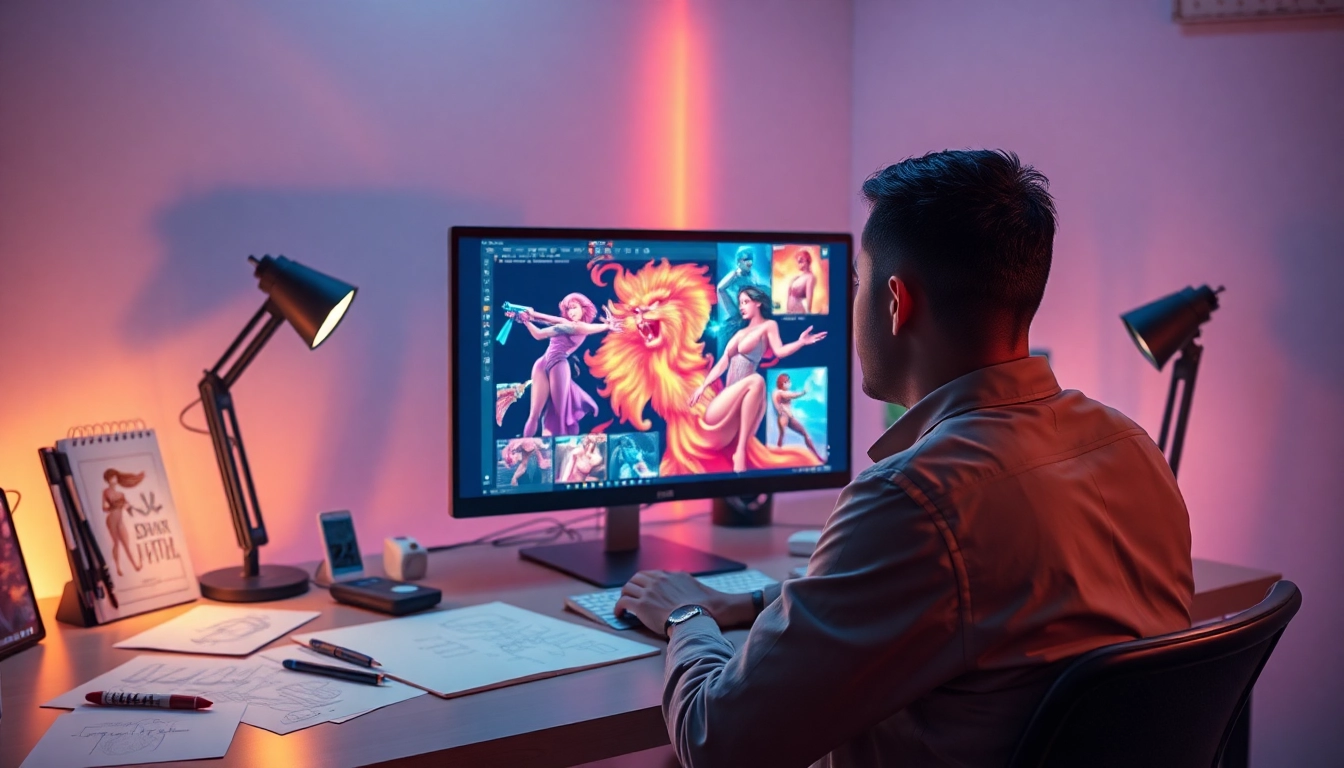 An artist creating captivating NSFW AI-generated artwork in a vibrant digital workspace setting.
