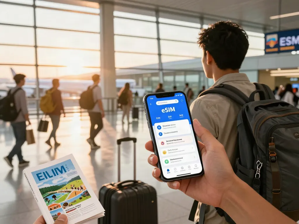 eSIM לחול - נוסעים מחכים בשדה תעופה עם טלפון חכם, פעולת חיבור לסים דיגיטלי.