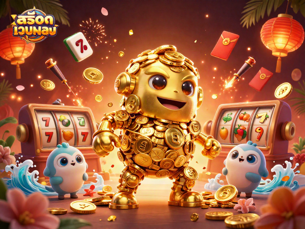 Experience the thrill of สล็อตเว็บตรง with a dazzling 3D illustration showcasing dynamic slot game elements.