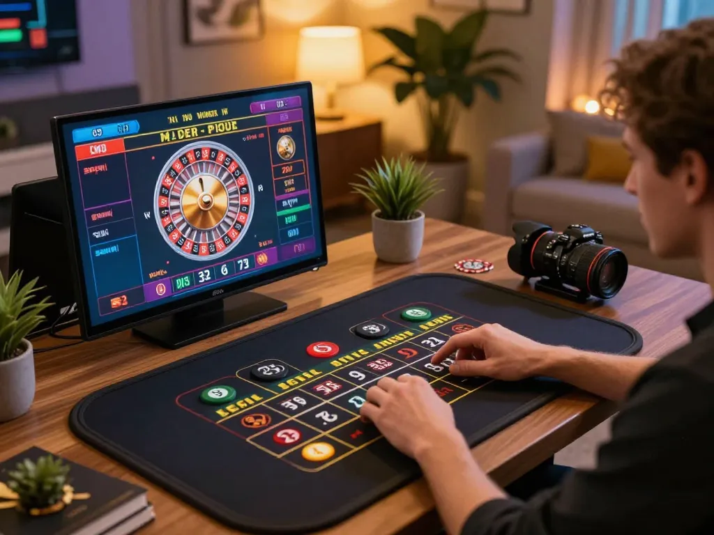 Engaging online gameplay at w 88 casino, player betting on live roulette at home desk