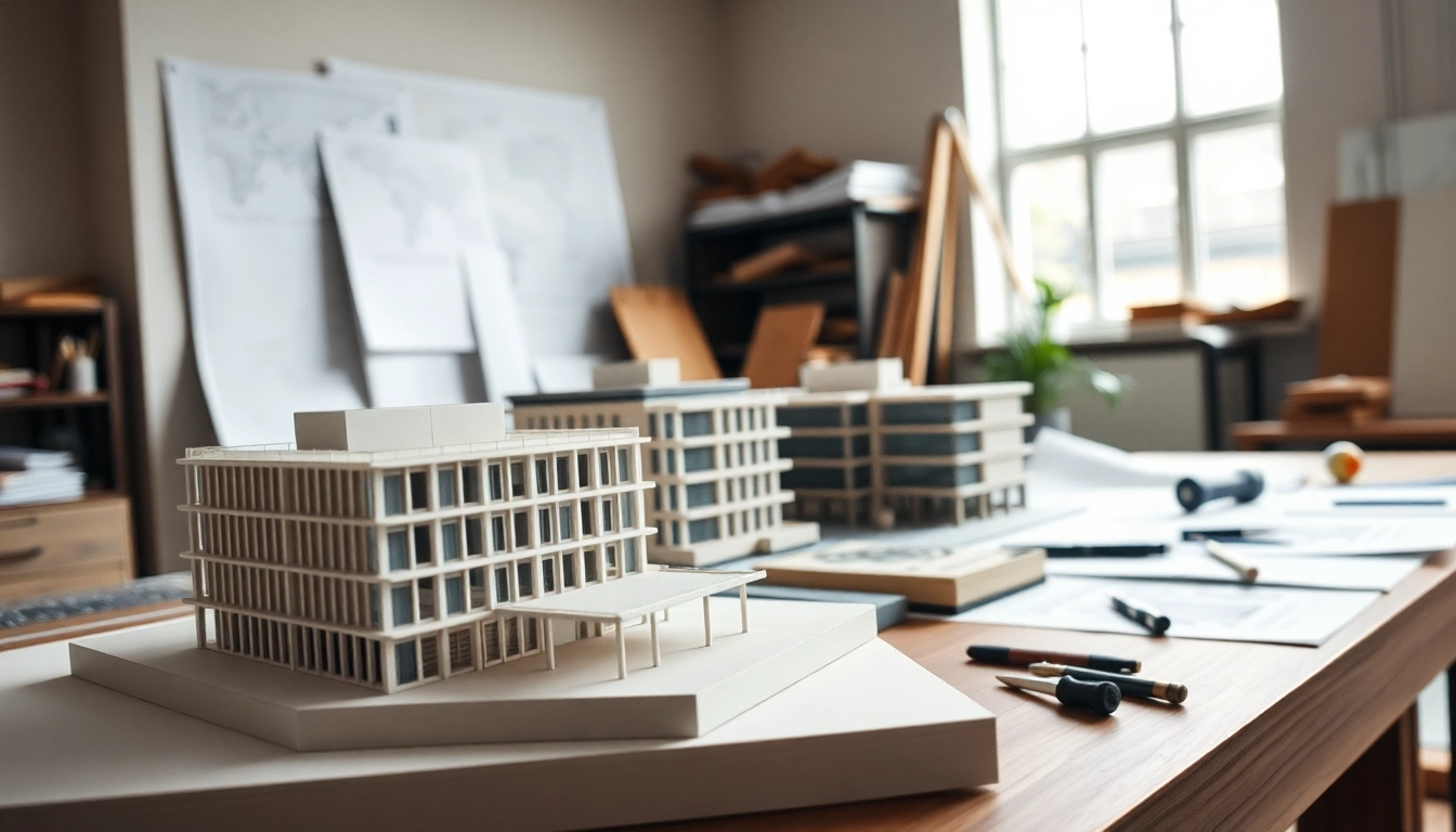 Arbeiten an architekturmodellbau Gelsenkirchen mit detaillierten Modellen auf einem Holzarbeitsplatz.