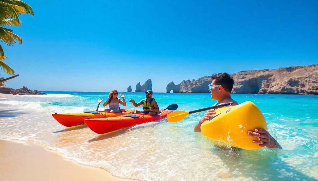 Cabo adventure tours showcasing adventurers kayaking and snorkeling in stunning coastal scenery.