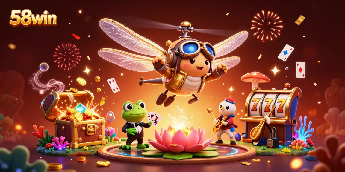 Engage in gaming action with the vibrant 58win casino illustrated scene, featuring piloting dragonflies and a frog dealer.