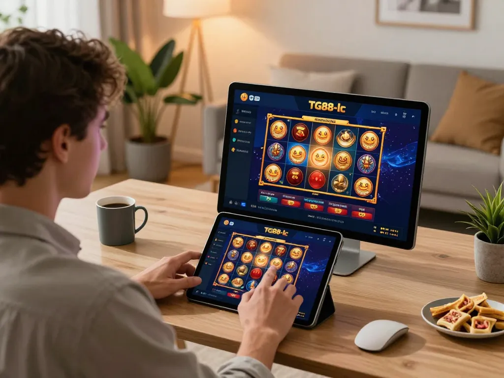 Engaging online gaming with TG88-lc interface on tablet, showcasing responsible gambling in a cozy home.