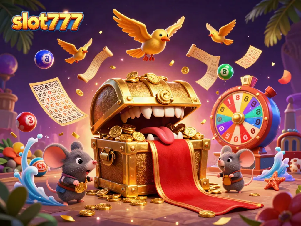 Menang besar dengan slot777, ilustrasi 3D harta karun dan simbol permainan yang memikat.