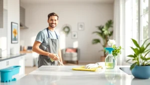 Cleaning Service team professionally organizing a bright home environment with eco-friendly products.