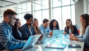 Demonstrating Technology innovation through collaborative discussion in a modern office.