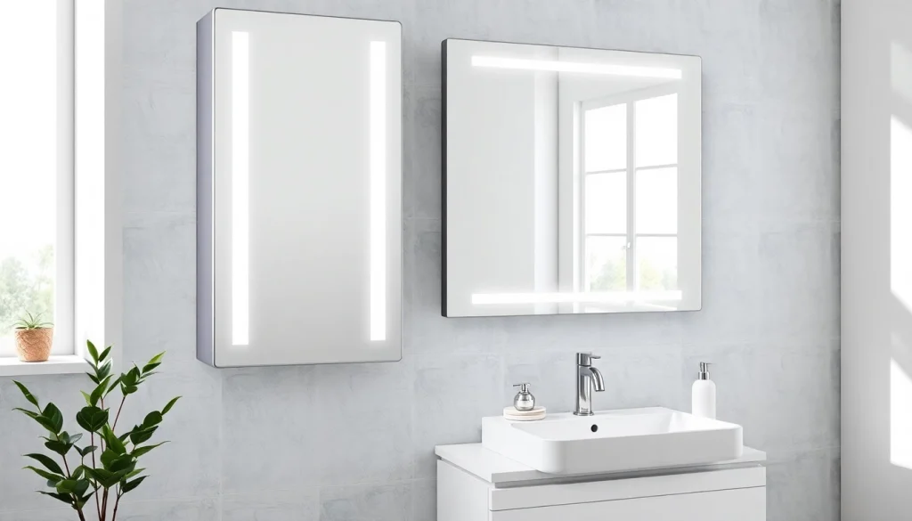 Den hochwertigen sonni Spiegelschrank mit Expertenbeleuchtung im eleganten Badezimmer präsentieren