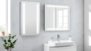 Den hochwertigen sonni Spiegelschrank mit Expertenbeleuchtung im eleganten Badezimmer präsentieren