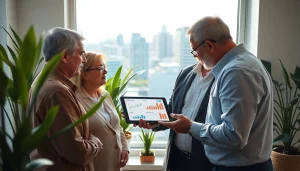 Engaging conversation on retirement planning San Antonio between a financial advisor and clients in an office.