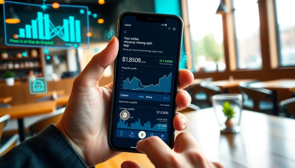 Cloud mining app interface displayed on a smartphone in a modern café