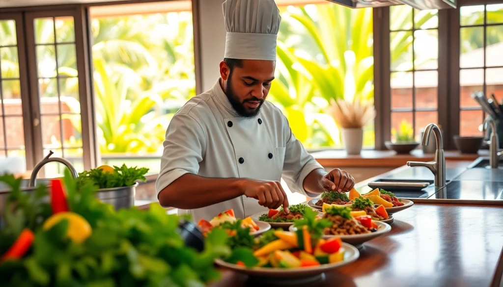 Sint Maarten private chef artfully crafting a gourmet meal in a bright villa kitchen.