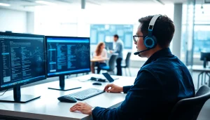 IT Helpdesk Solutions technician managing tasks at a modern office workspace.