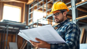 Manhattan General Contractor analyzing blueprints on a busy construction site with workers and materials.