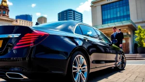 Experience Chauffeur Hire Nottingham with an elegant black sedan and professional chauffeur at a hotel entrance.