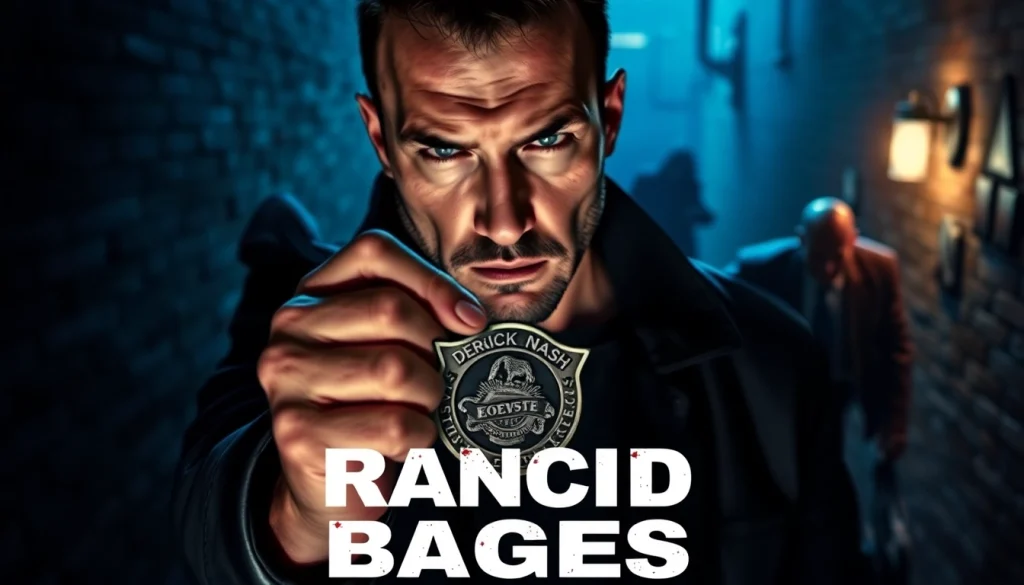 Rancid Badges thriller cover featuring a detective in a dark alley, highlighting tension and betrayal.