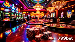 Experience the excitement of 789bet with vibrant casino scenes featuring poker chips and roulette wheels.