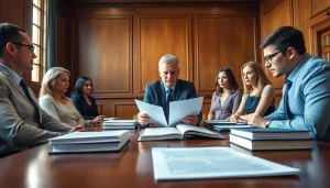 Soudní překladatel translating legal documents in a professional courtroom scene.