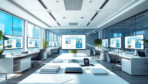 Professional workspace showcasing 'thiết kế website theo yêu cầu' with modern design tools and collaborative elements.