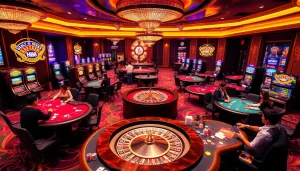 Players enjoying exciting games at Hi88's luxurious casino tables with vibrant slot machines.