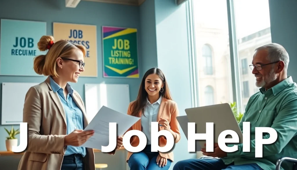 Career counselor provides Job Help to diverse job seekers in a supportive office setting.