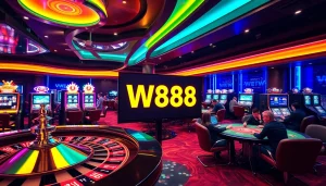 Tương tác với liên kết truy cập W88 tại một casino đầy hứng khởi với roulette và máy đánh bạc.