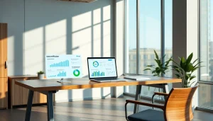 Contact data verification software interface with performance metrics in a modern office setting.