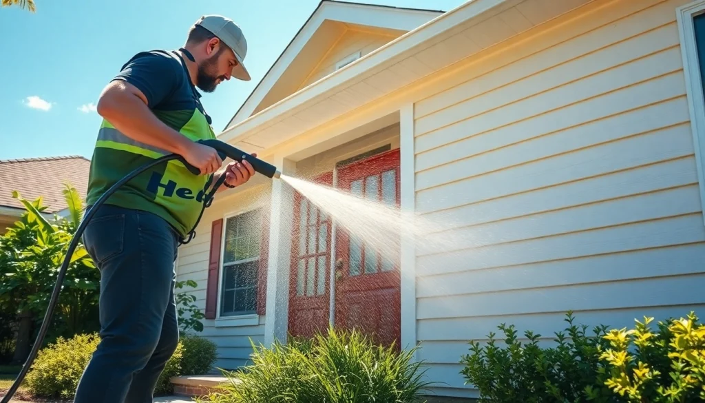 Soft wash service revitalizing home exterior in Kissimmee, showcasing professional technician at work.