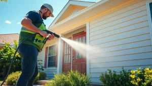 Soft wash service revitalizing home exterior in Kissimmee, showcasing professional technician at work.