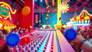 Menangkan permainan plinko dengan chip terbang di papan Plinko yang cerah.