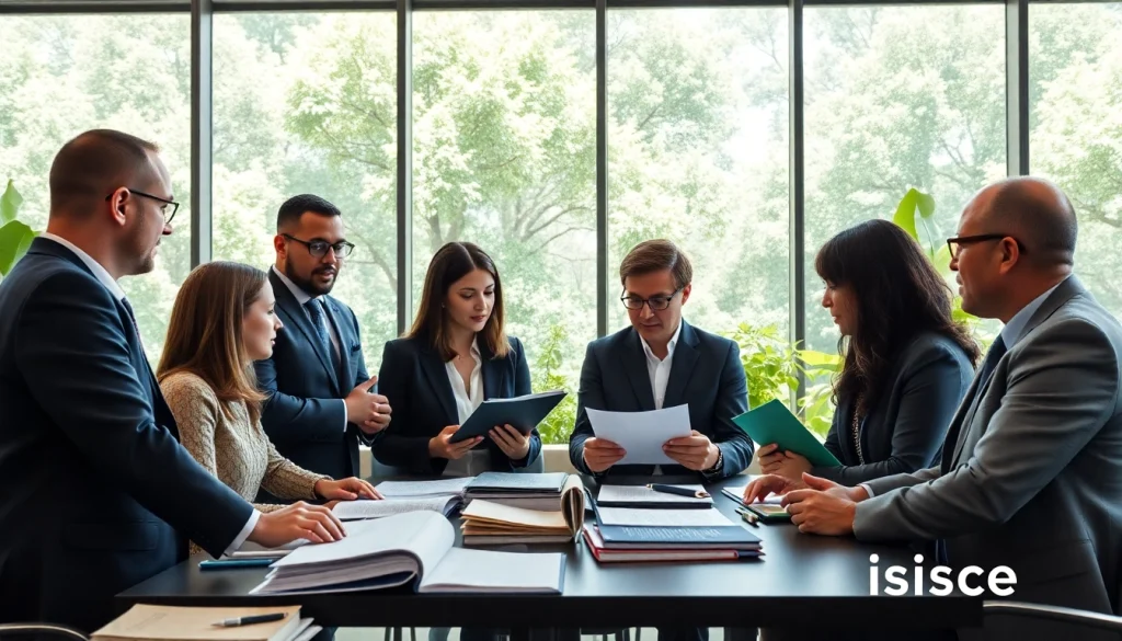 Engaged team at an environmental law firm collaborating in a bright, modern office environment.