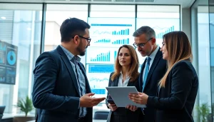 Team focusing on competitive intelligence analytics with engaging visual data displays in a modern office.