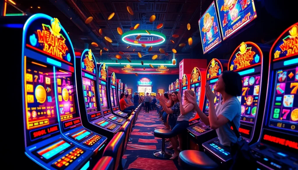 Exciting slot hoki gaming scene with colorful machines and cheering players