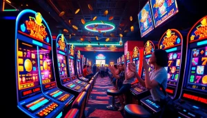 Exciting slot hoki gaming scene with colorful machines and cheering players