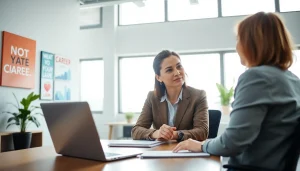 Engaging scene of a Career Coach Gaithersburg, MD with a client in an inspiring office setting.