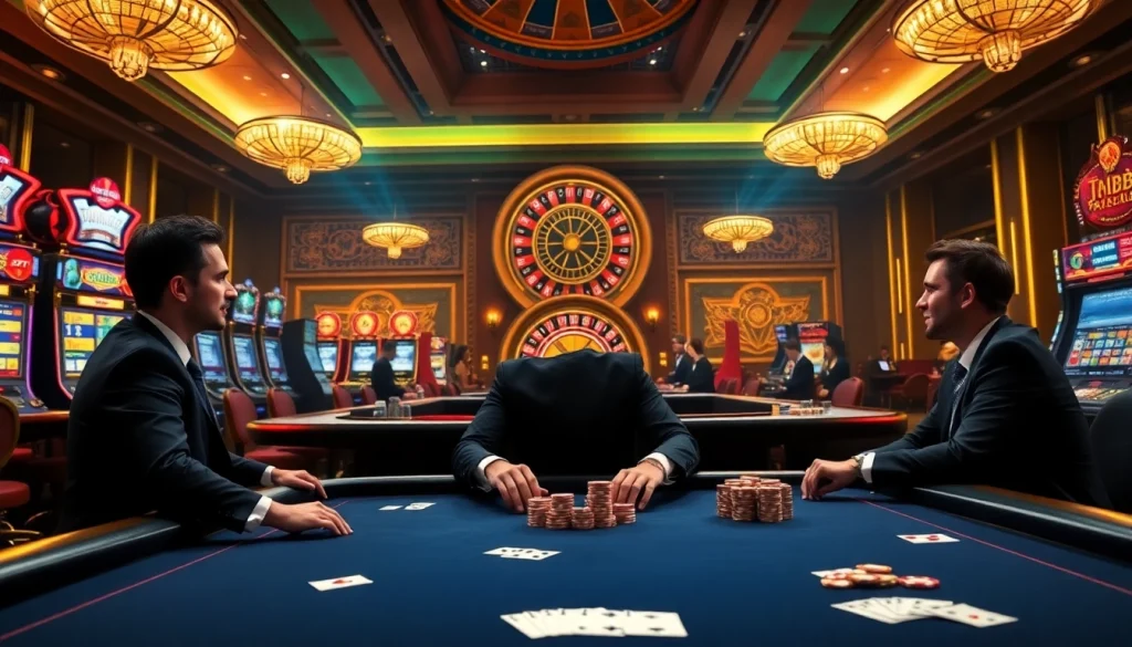 A high-stakes poker game at https://thabet.vegas/ with luxurious chip sets and players immersed in the action.