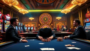 A high-stakes poker game at https://thabet.vegas/ with luxurious chip sets and players immersed in the action.