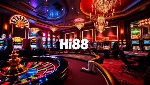 Engage in thrilling casino action at Hi88 with a vibrant roulette wheel and elegant poker tables.