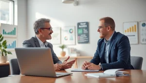 Engaging business coaching service session with a professional coach and business owner.