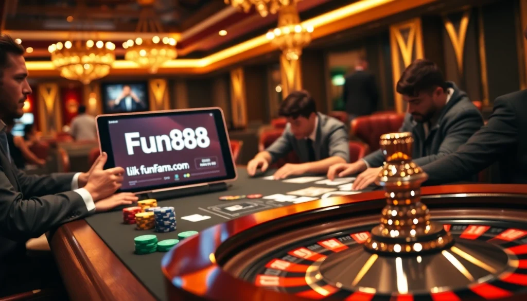 Exciting gameplay at a casino showcasing the Fun88 link on a tablet with vibrant poker chips and cards.