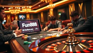 Exciting gameplay at a casino showcasing the Fun88 link on a tablet with vibrant poker chips and cards.