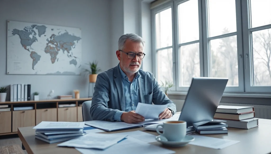 Traducteur assermenté à Lille travaillant avec diligence à un bureau moderne, entouré de documents et de ressources de référence.