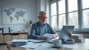 Traducteur assermenté à Lille travaillant avec diligence à un bureau moderne, entouré de documents et de ressources de référence.