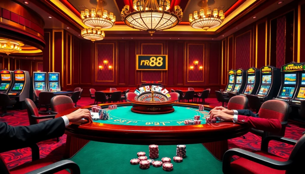 Experience the thrill of winning at rr88 gratis casino gaming with vibrant poker tables and exciting slot machines.