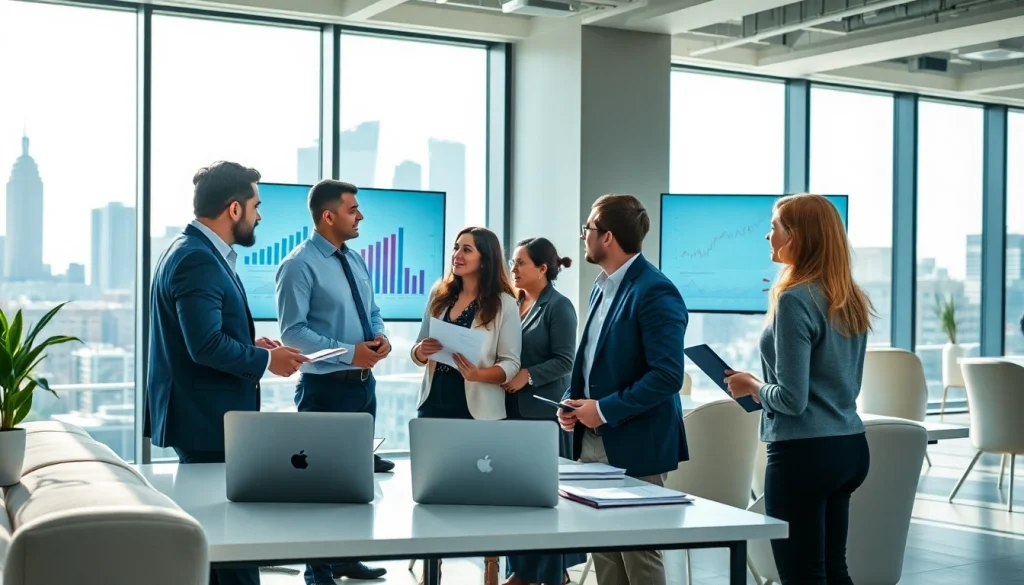 Team discussing strategies in contract management in a modern office setting.